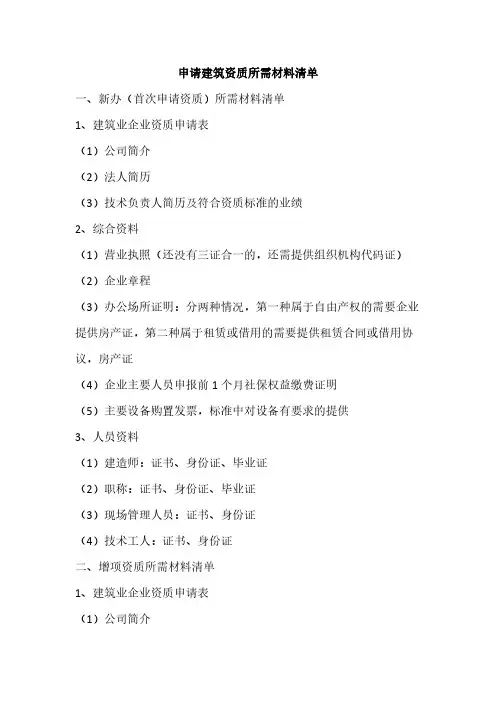 资质申请所需资料清单