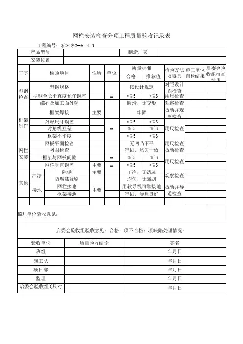 网栏安装检查分项工程质量验收记录表