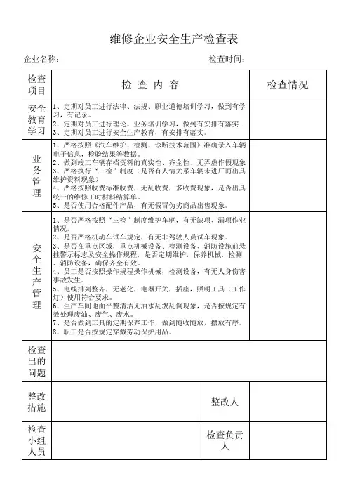维修企业安全生产检查表