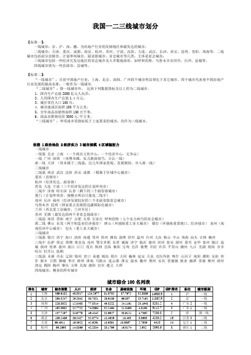 一二三线城市划分