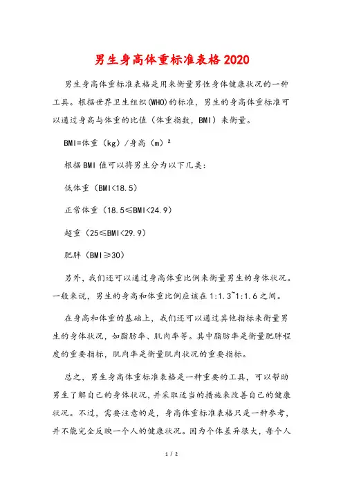 男生身高体重标准表格2020