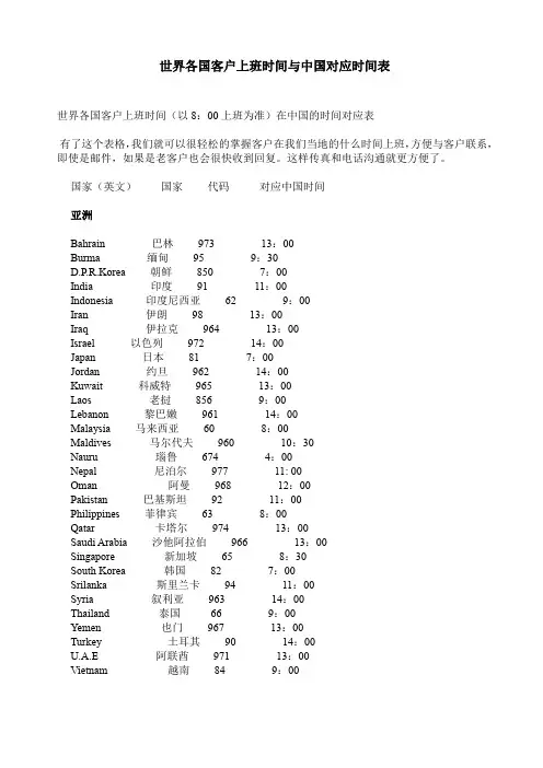 世界各国客户上班时间与中国对应时间表