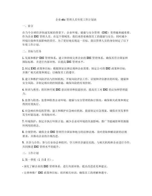 企业ehs管理人员年度工作计划表