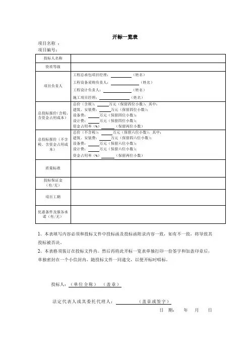开标一览表