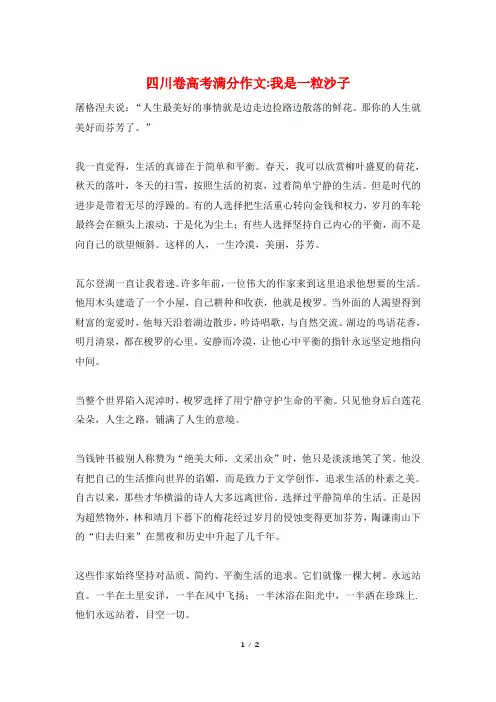 四川卷高考满分作文-我是一粒沙子