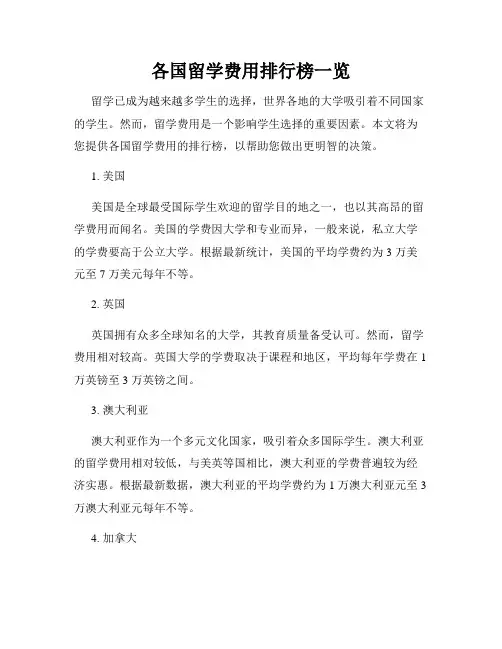 各国留学费用排行榜一览