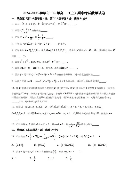 上海市第二中学2024-2025学年高一上学期期中考试数学试题(含解析)
