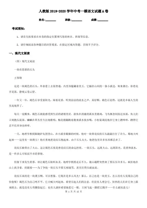 人教版2019-2020学年中考一模语文试题A卷