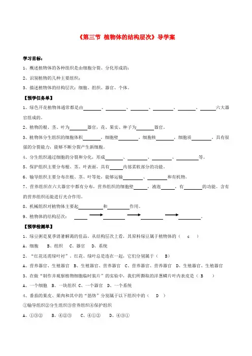 七年级生物上册 2.2.3 植物体的结构层次导学案(答案不全)(新版)新人教版