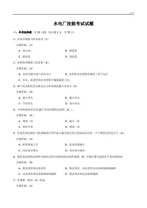 水电厂技能考试试题