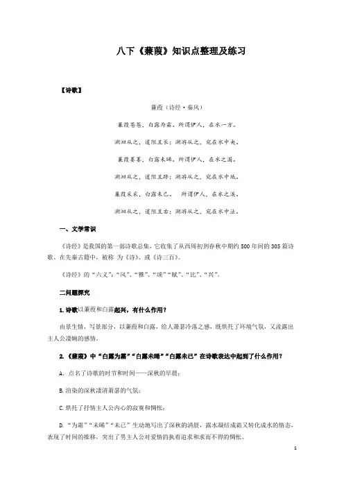 部编版语文八年级下册第三单元第12课《蒹葭》知识点整理及练习(含答案)