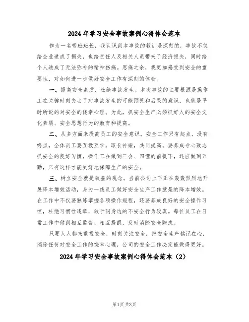 2024年学习安全事故案例心得体会范本(3篇)