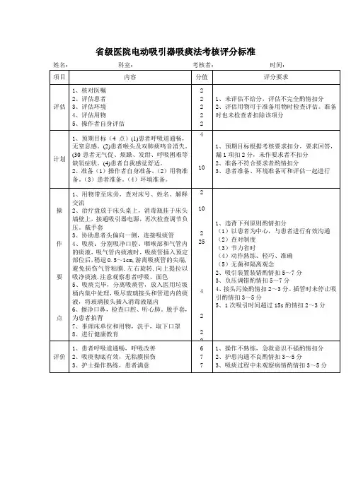 省级医院电动吸引器吸痰法考核评分标准