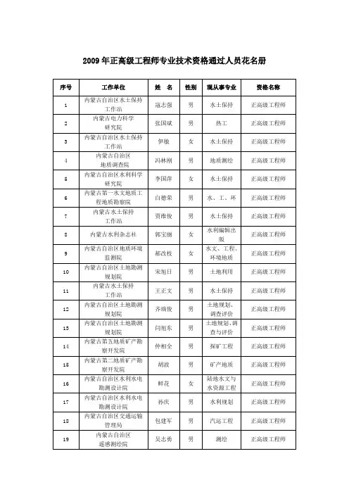 2009年正高级工程师专业技术资格通过人员花名册(精)