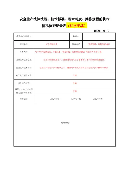 安全生产法律法规、技术标准、规章制度、操作规程的执行情况检查记录表