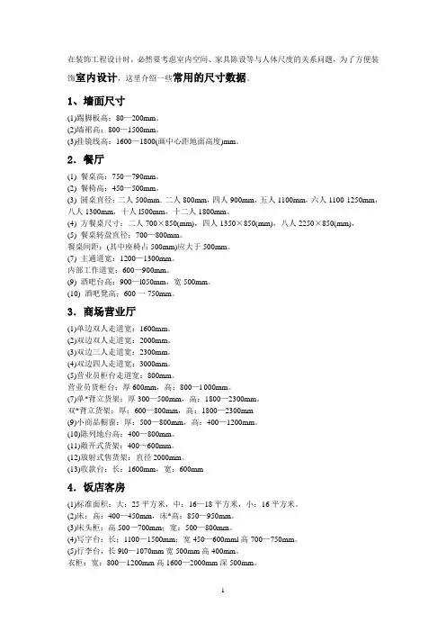 室内设计常用尺寸数据表