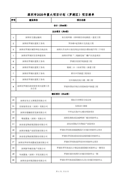 深圳市2020年重大项目计划(罗湖区)项目清单
