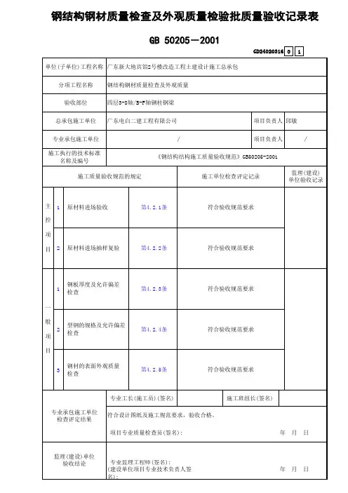 6-4钢结构钢材质量检查及外观质量检验批质量验收记录表GD24020316