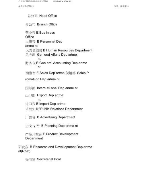 公司部门和职位的中英文对照
