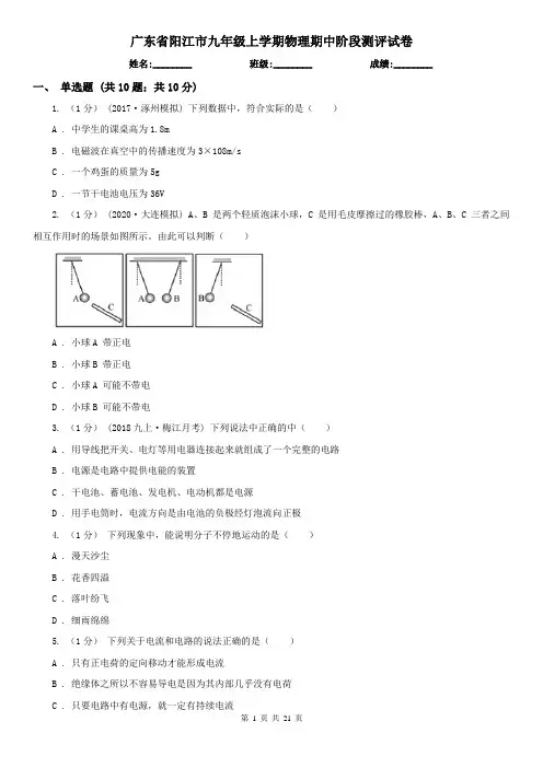广东省阳江市九年级上学期物理期中阶段测评试卷
