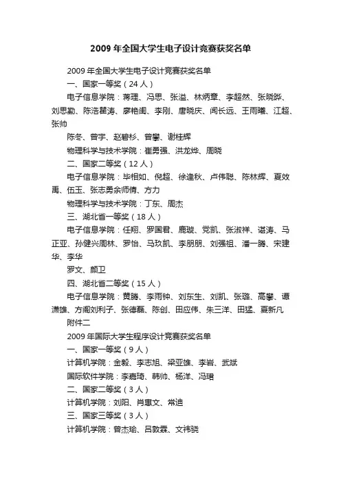 2009年全国大学生电子设计竞赛获奖名单