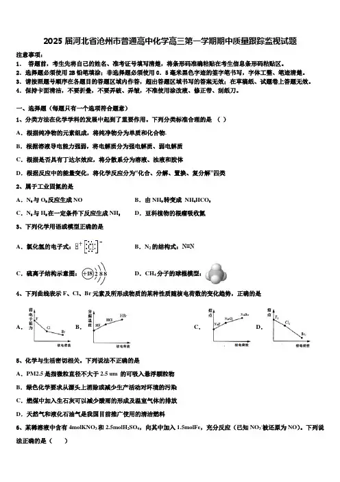 2025届河北省沧州市普通高中化学高三第一学期期中质量跟踪监视试题含解析