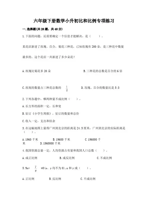 六年级下册数学小升初比和比例专项练习附答案