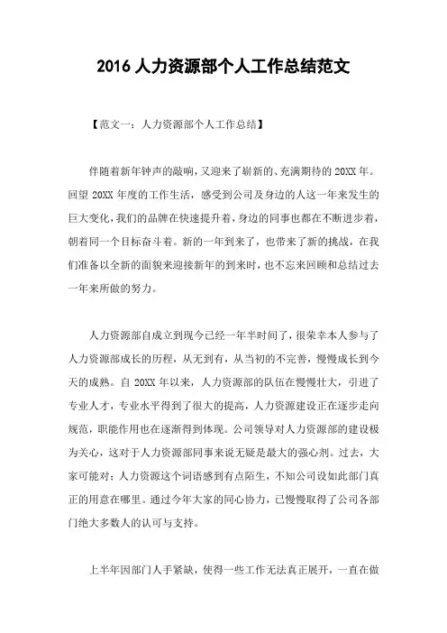 2016人力资源部个人工作总结范文