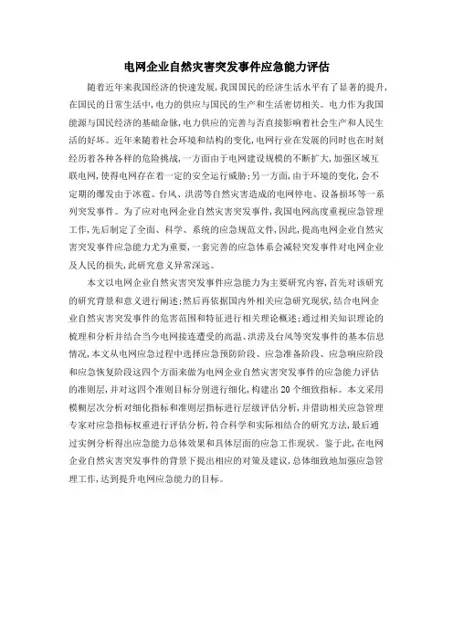 电网企业自然灾害突发事件应急能力评估