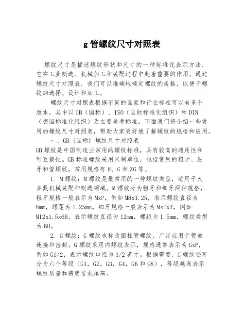 g管螺纹尺寸对照表