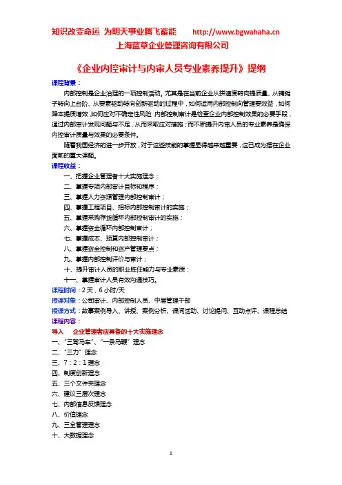 《企业内控审计与内审人员专业素养提升》提纲