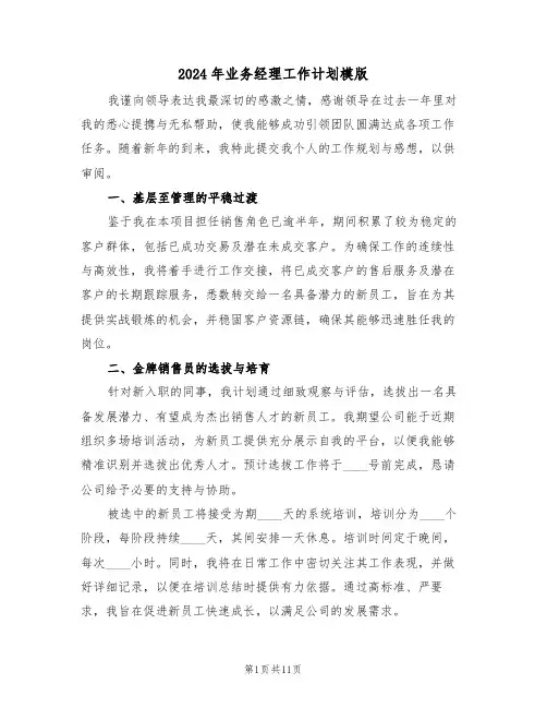 2024年业务经理工作计划模版（五篇）