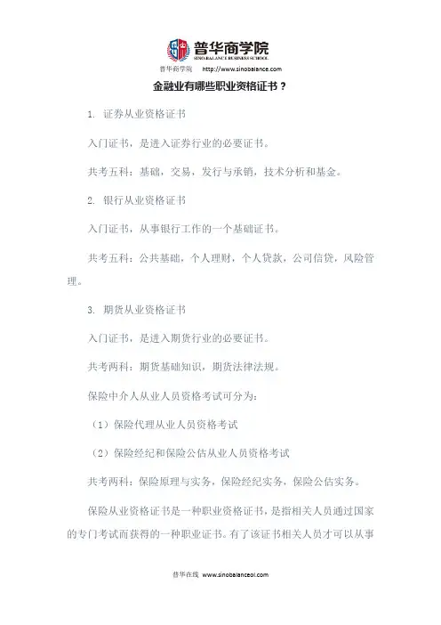 金融业有哪些职业资格证书？