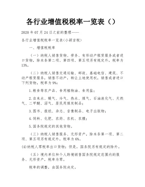 各行业增值税税率一览表()