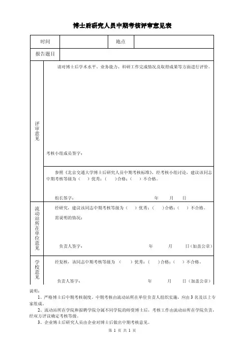 博士后研究人员中期考核意见