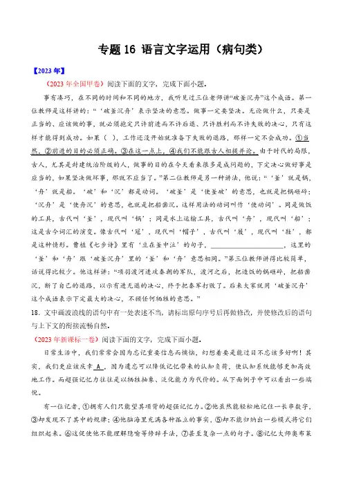 专题16 语言文字运用(病句类)丨 高考语文真题分项汇编(原卷版)(共26页)