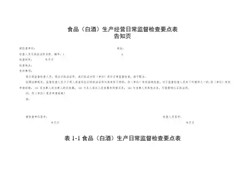 食品白酒生产经营日常监督检查要点表