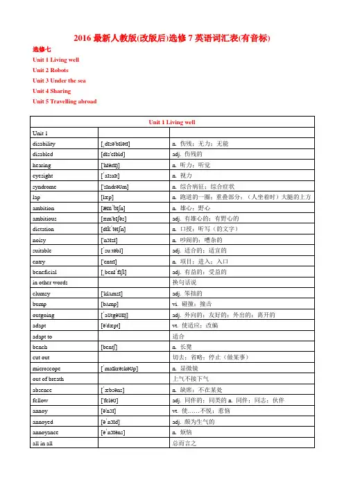 2016最新人教版(改版后)选修7英语词汇表(有音标)