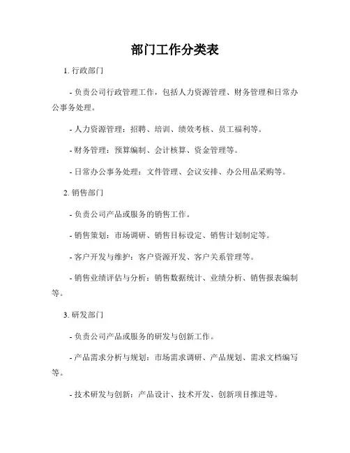 部门工作分类表