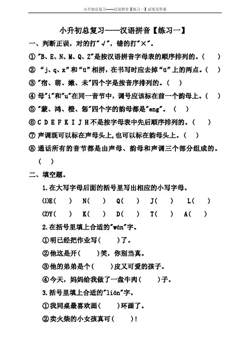 小升初语文总复习——汉语拼音【练习一】试卷及答案