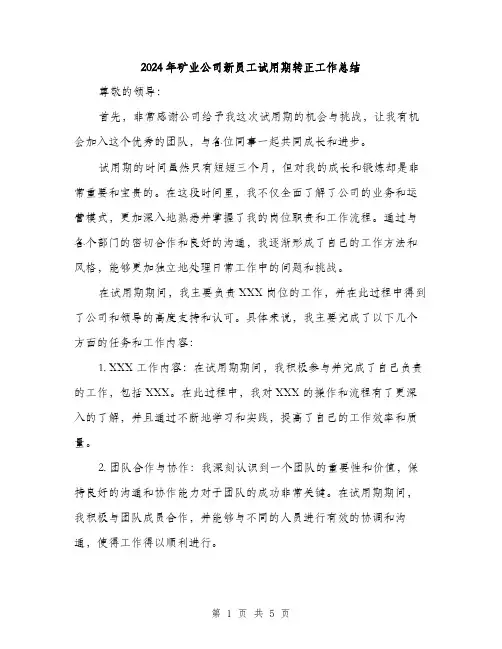 2024年矿业公司新员工试用期转正工作总结（2篇）