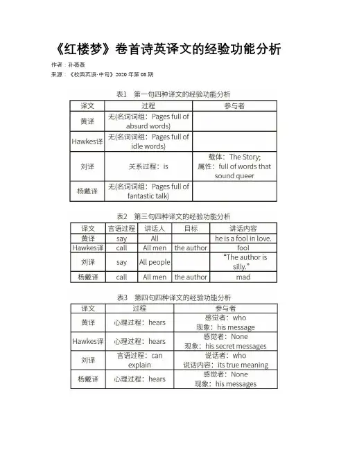 《红楼梦》卷首诗英译文的经验功能分析