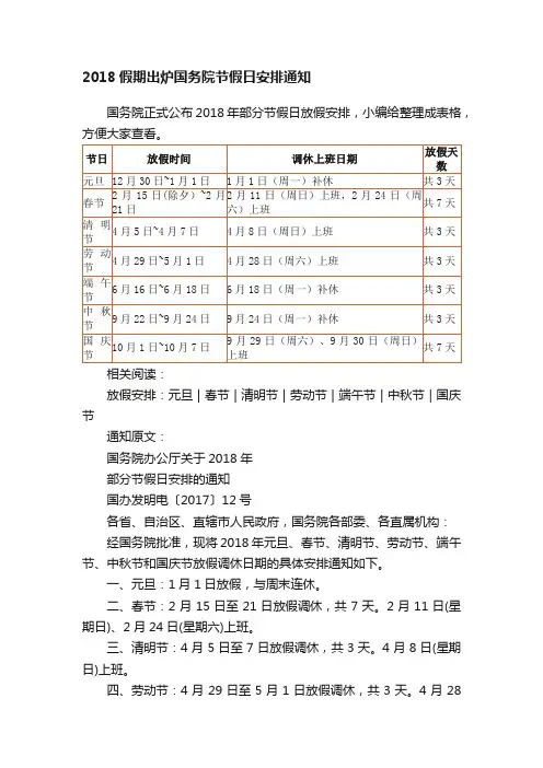 2018假期出炉国务院节假日安排通知