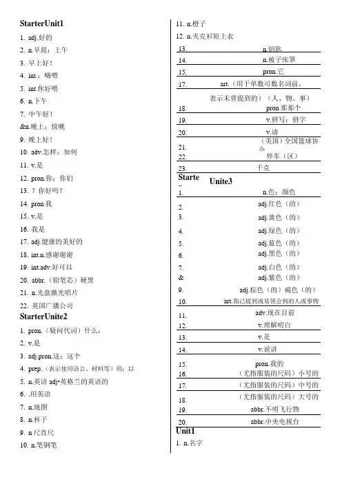 2020年度新版人教版-七年级-上英语单词-中文