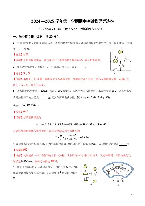 2024—2025学年第一学期期中测试物理(解析版)