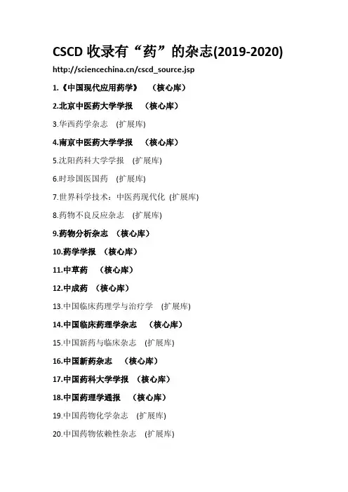 被CSCD收录的药学专业期刊