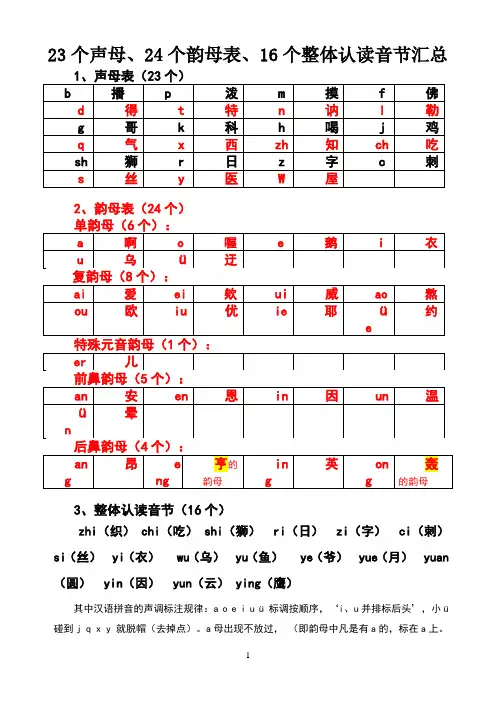 23个声母、24个韵母表、16个整体认读音节汇总