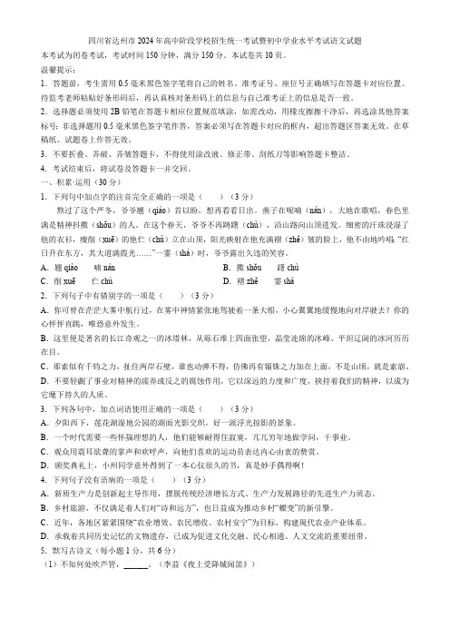 四川省达州市2024年高中阶段学校招生统一考试暨初中学业水平考试语文试题(含解析)