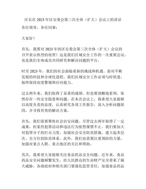 区长在2023年区安委会第三次全体(扩大)会议上的讲话