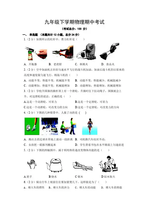 九年级下学期物理期中考试试题含答案